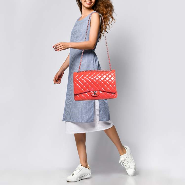Pre Owned Chanel Coral Red Quilted Patent Leather Maxi Classic Double Flap Bag