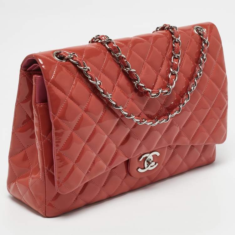 Pre Owned Chanel Coral Red Quilted Patent Leather Maxi Classic Double Flap Bag