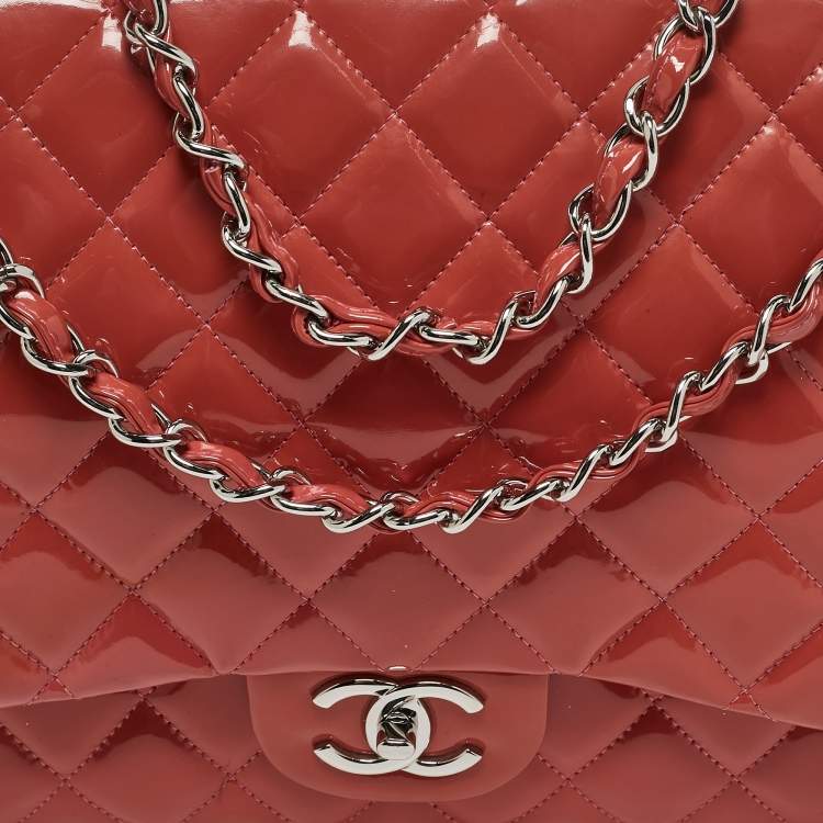 Pre Owned Chanel Coral Red Quilted Patent Leather Maxi Classic Double Flap Bag