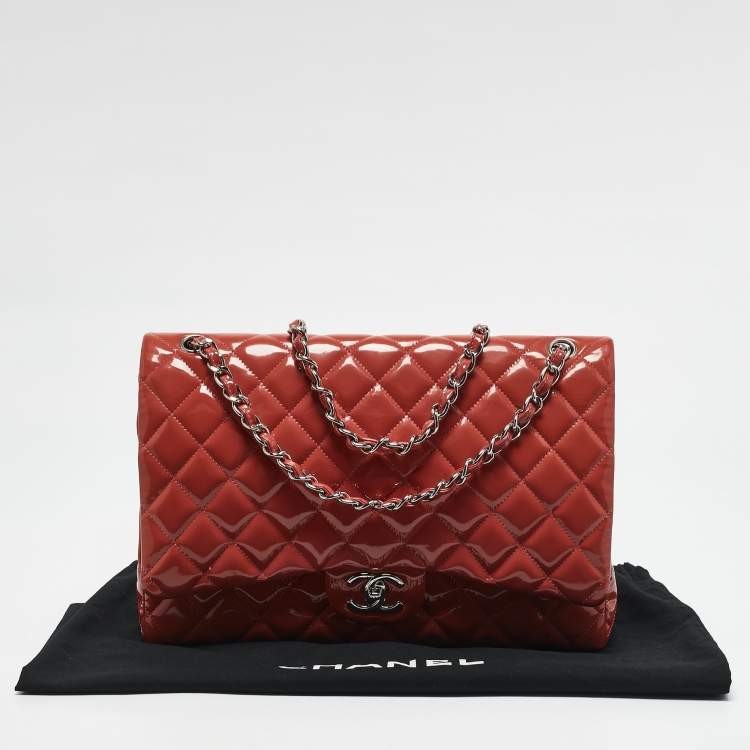 Pre Owned Chanel Coral Red Quilted Patent Leather Maxi Classic Double Flap Bag