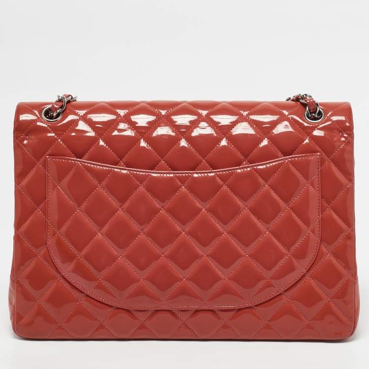 Pre Owned Chanel Coral Red Quilted Patent Leather Maxi Classic Double Flap Bag