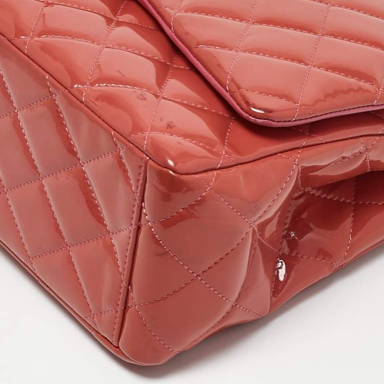 Pre Owned Chanel Coral Red Quilted Patent Leather Maxi Classic Double Flap Bag