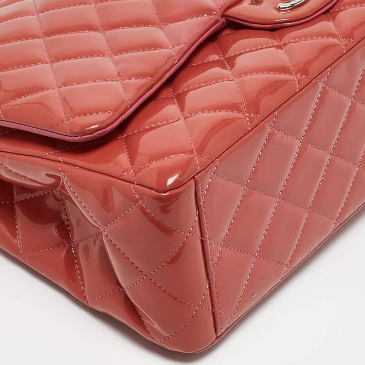 Pre Owned Chanel Coral Red Quilted Patent Leather Maxi Classic Double Flap Bag