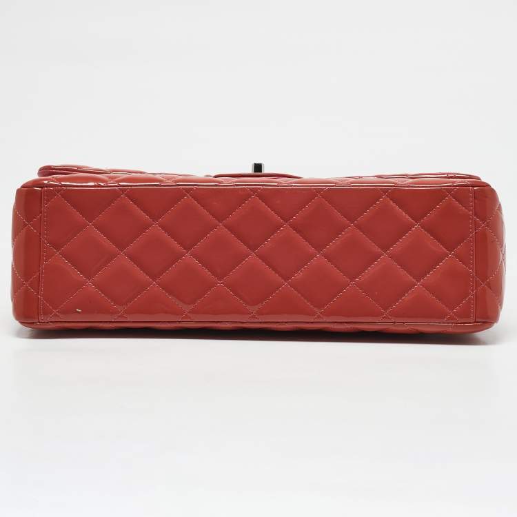 Pre Owned Chanel Coral Red Quilted Patent Leather Maxi Classic Double Flap Bag