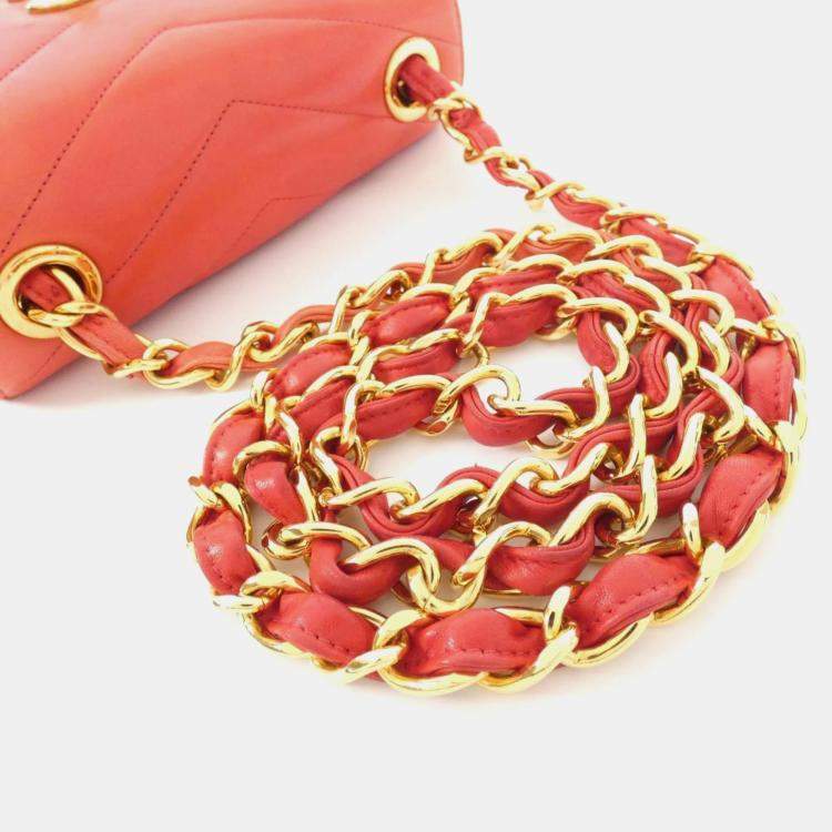 Pre Owned Chanel Red Chevron Quilted Lambskin Square Mini Flap Bag