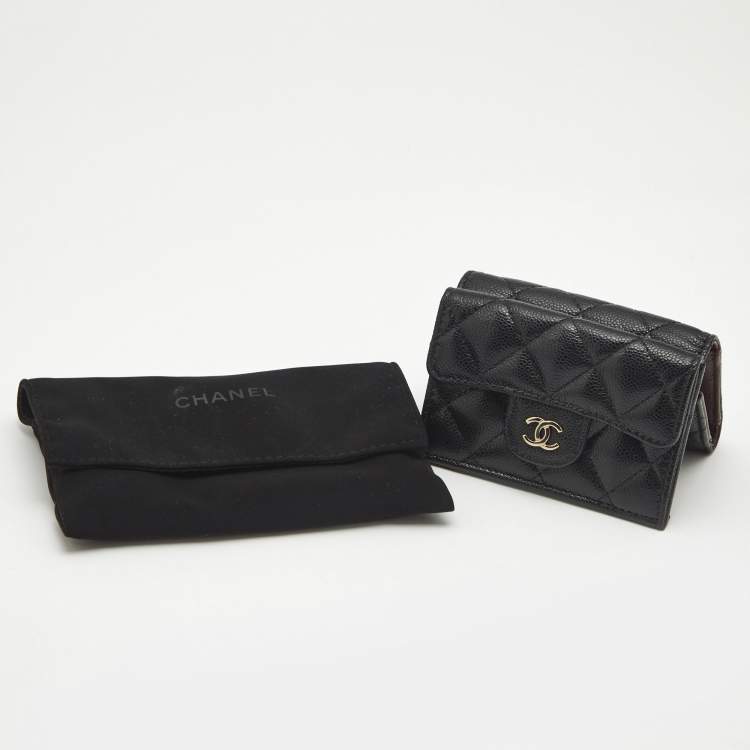 Pre Owned Chanel Black Quilted Caviar Leather CC Flap Card Case