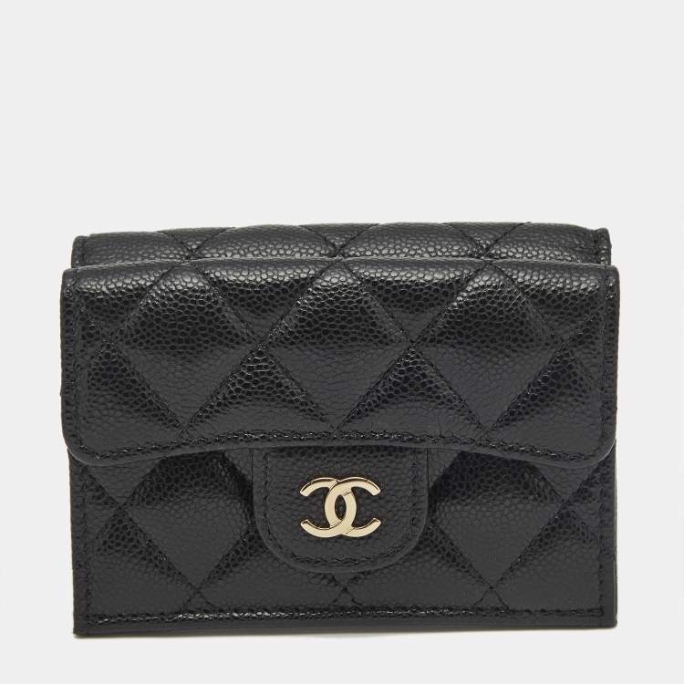 Pre Owned Chanel Black Quilted Caviar Leather CC Flap Card Case