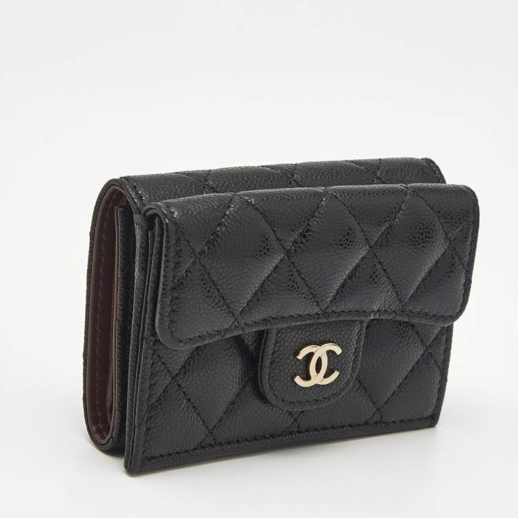 Pre Owned Chanel Black Quilted Caviar Leather CC Flap Card Case