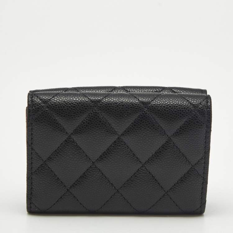Pre Owned Chanel Black Quilted Caviar Leather CC Flap Card Case
