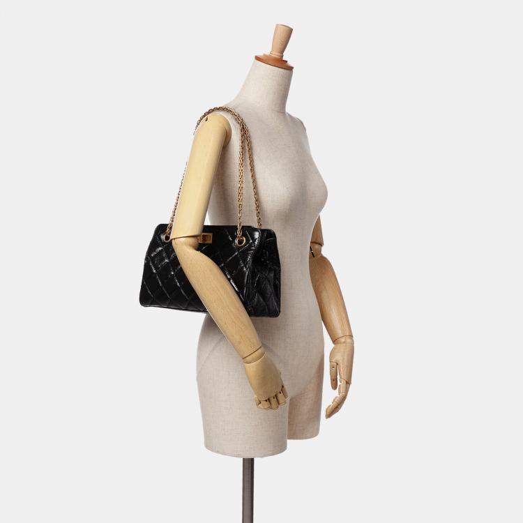 Pre Owned Chanel Black Reissue 2.55 Glazed Crackled Calfskin Shopping Bag