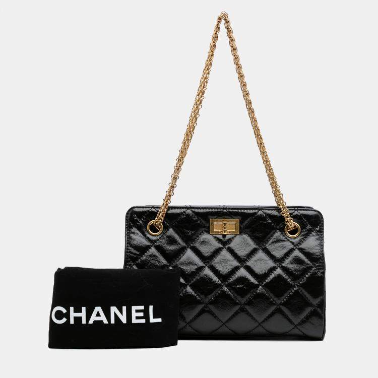 Pre Owned Chanel Black Reissue 2.55 Glazed Crackled Calfskin Shopping Bag
