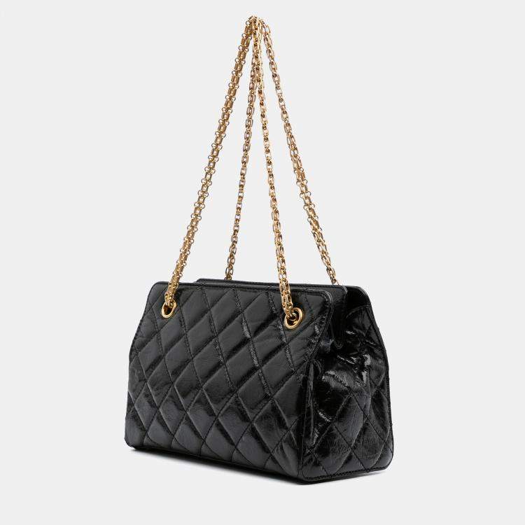 Pre Owned Chanel Black Reissue 2.55 Glazed Crackled Calfskin Shopping Bag