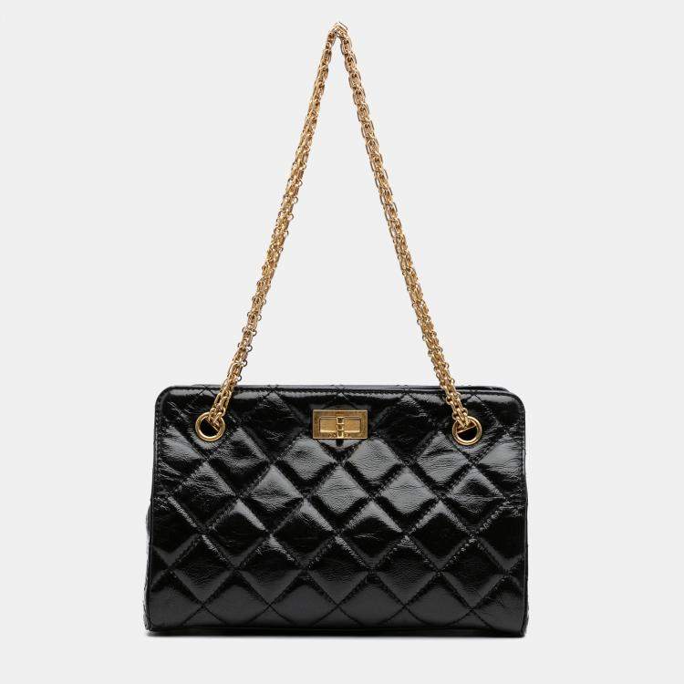Pre Owned Chanel Black Reissue 2.55 Glazed Crackled Calfskin Shopping Bag