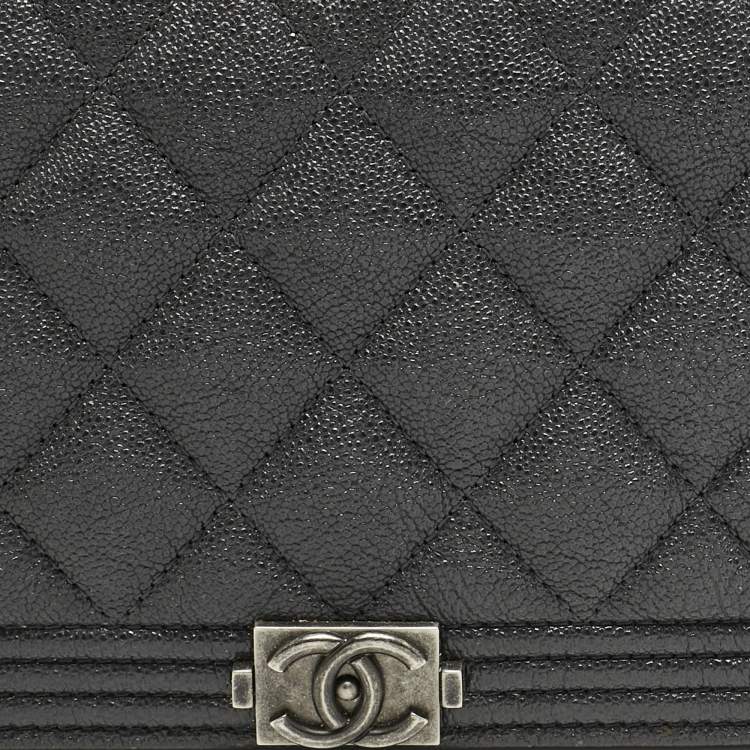 Pre Owned Chanel Grey Caviar Leather Boy Bifold Long Wallet