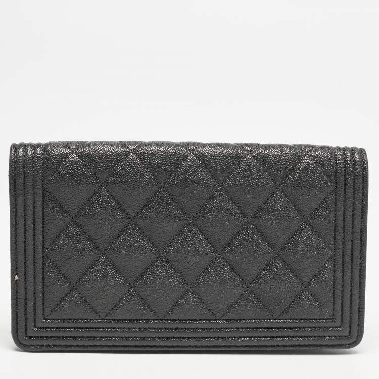 Pre Owned Chanel Grey Caviar Leather Boy Bifold Long Wallet