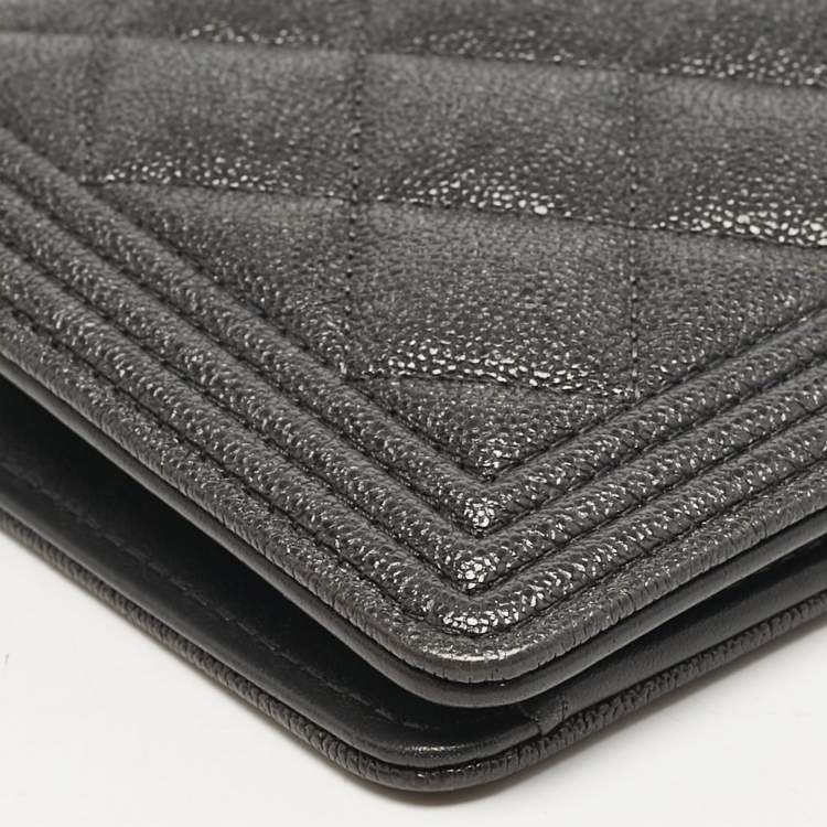 Pre Owned Chanel Grey Caviar Leather Boy Bifold Long Wallet