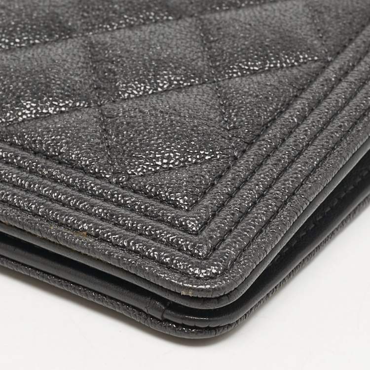 Pre Owned Chanel Grey Caviar Leather Boy Bifold Long Wallet