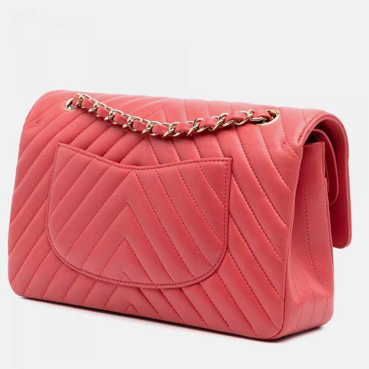 Pre Owned Chanel Pink Medium Classic Chevron Lambskin Double Flap