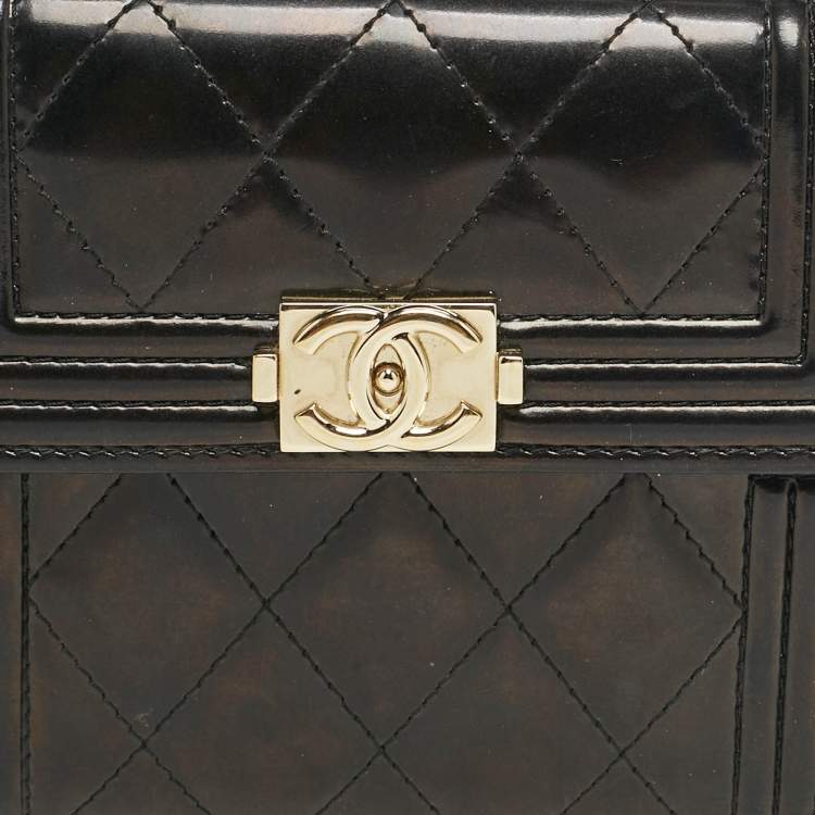 Pre Owned Chanel Black Quilted Patent Leather Boy Compact Wallet