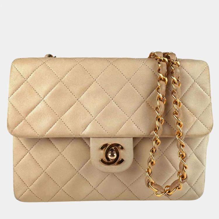 Pre Owned Chanel Beige Lambskin Shoulder Bag 