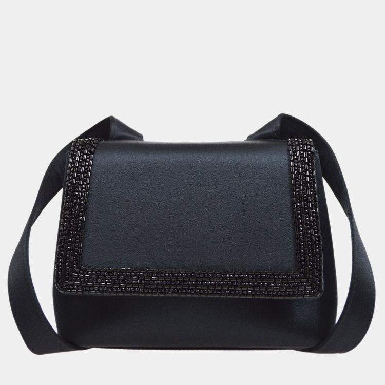 Pre Owned Chanel Cc Logos Beads Cross Body Shoulder Bag Black Satin