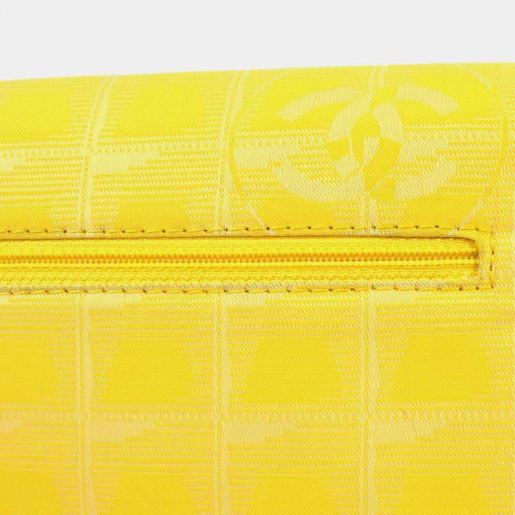 Pre Owned Chanel Yellow Jacquard Nylon Travel Line Wallet on Chain 
