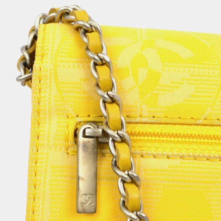 Pre Owned Chanel Yellow Jacquard Nylon Travel Line Wallet on Chain 