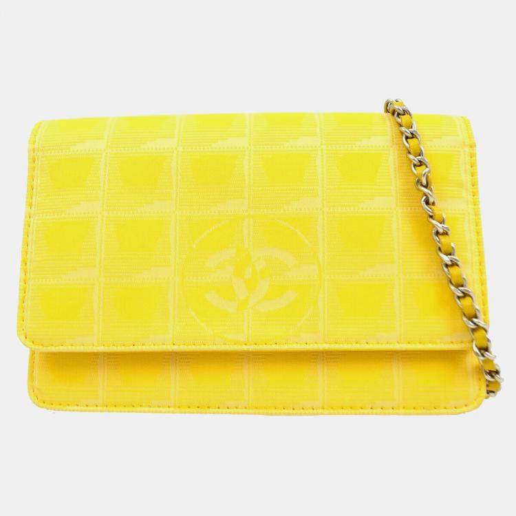 Pre Owned Chanel Yellow Jacquard Nylon Travel Line Wallet on Chain 