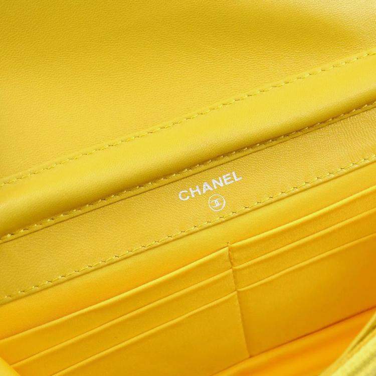 Pre Owned Chanel Yellow Jacquard Nylon Travel Line Wallet on Chain 