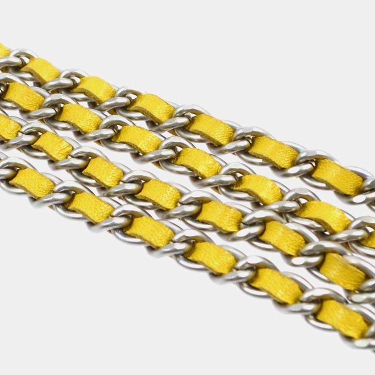 Pre Owned Chanel Yellow Jacquard Nylon Travel Line Wallet on Chain 