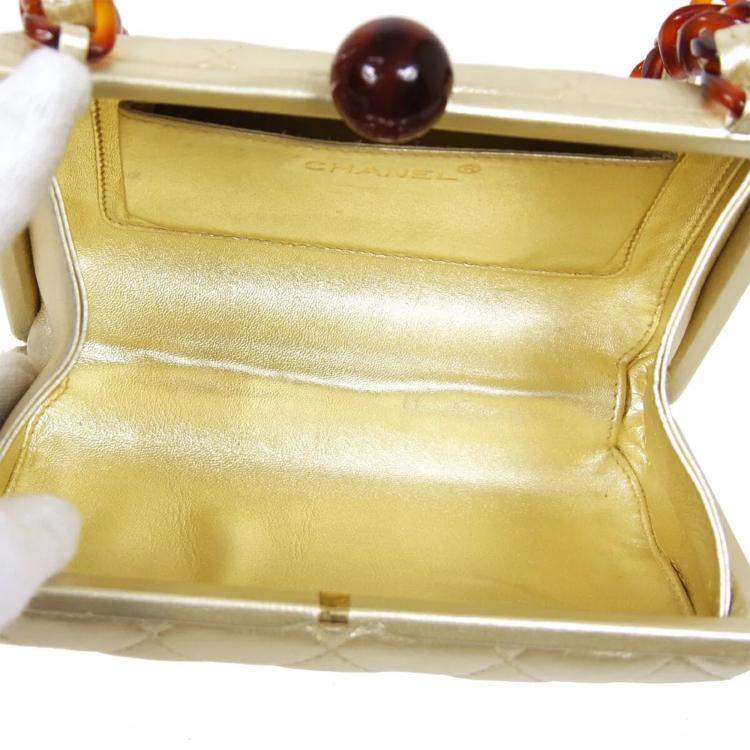 Pre Owned Chanel Gold Leather Quilted Acrylic Chain Shoulder Bag