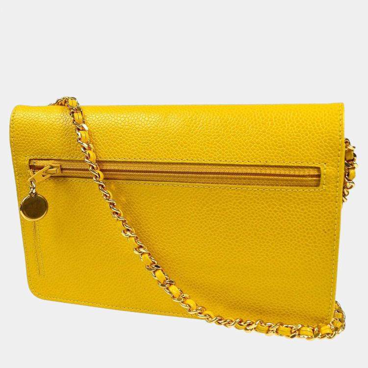 Pre Owned Chanel Yellow Calfskin Timeless Wallet On Chain 