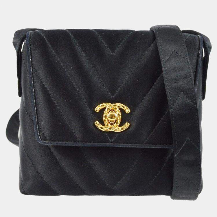 Pre Owned Chanel Black Satin Chevron Shoulder Bag 