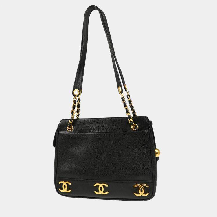 Pre Owned Chanel Black Calfskin Triple CC Shoulder Tote Bag