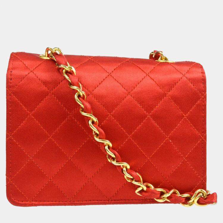 Pre Owned Chanel Red Satin Straight Flap Single Chain Bag