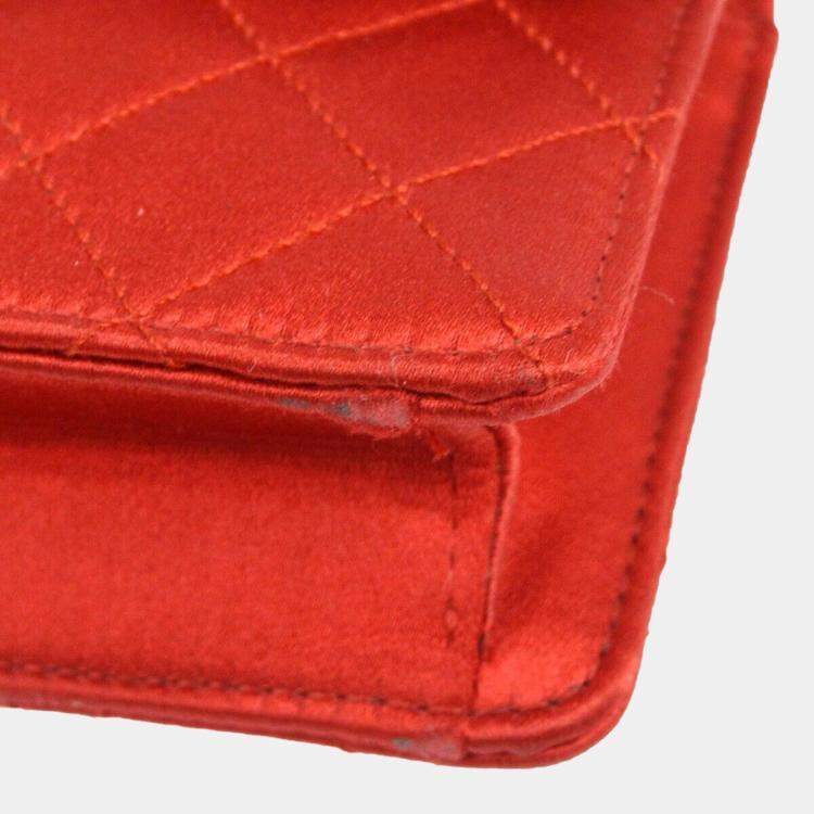 Pre Owned Chanel Red Satin Straight Flap Single Chain Bag