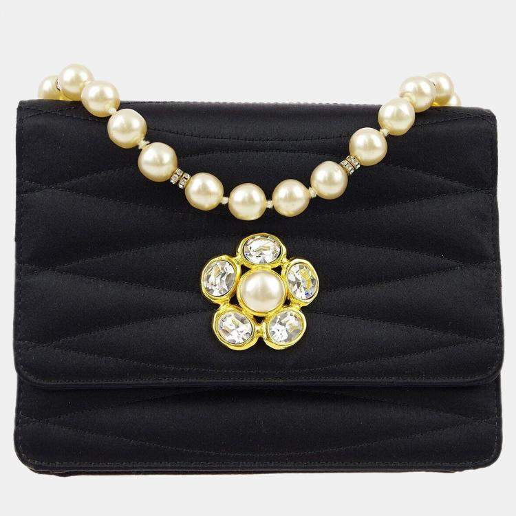 Pre Owned Chanel Black Rhinestone Artificial Pearl Chain Straight Flap Bag