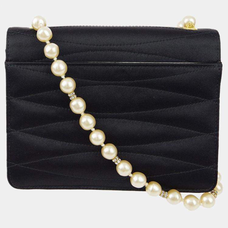 Pre Owned Chanel Black Rhinestone Artificial Pearl Chain Straight Flap Bag