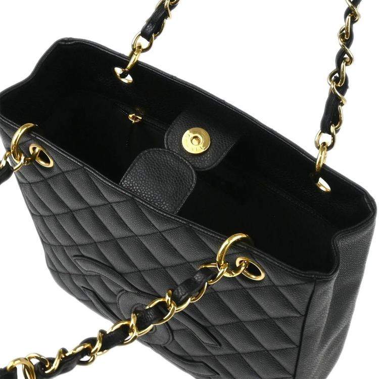 Pre Owned Chanel Black Calfskin Petite Shopping Tote Handbag