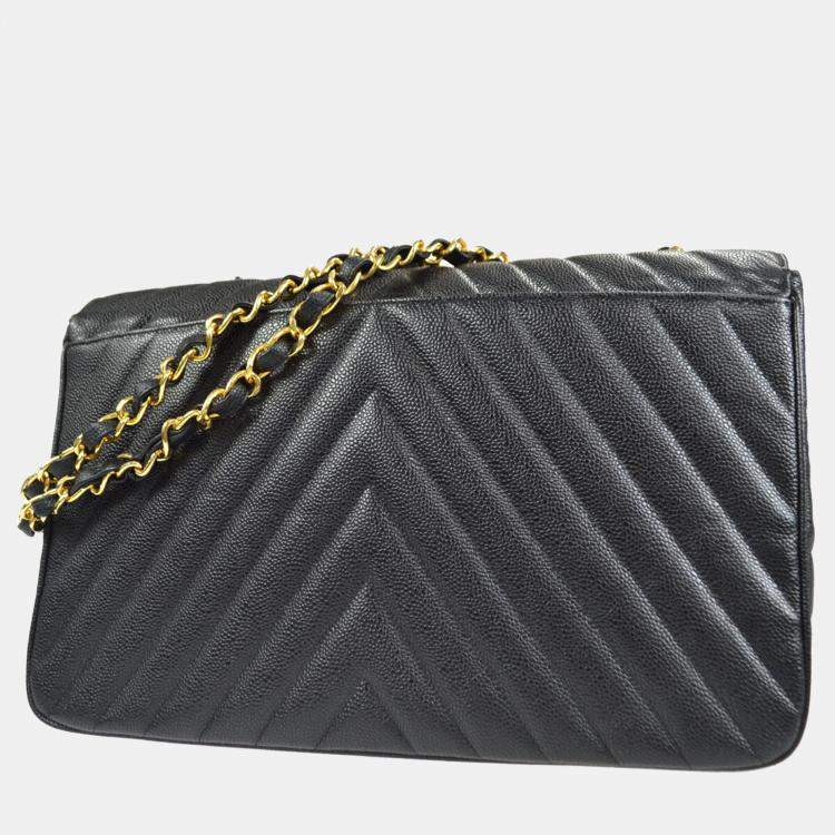 Pre Owned Chanel Black Calfskin Chevron Maxi Classic Flap Chain Shoulder Bag
