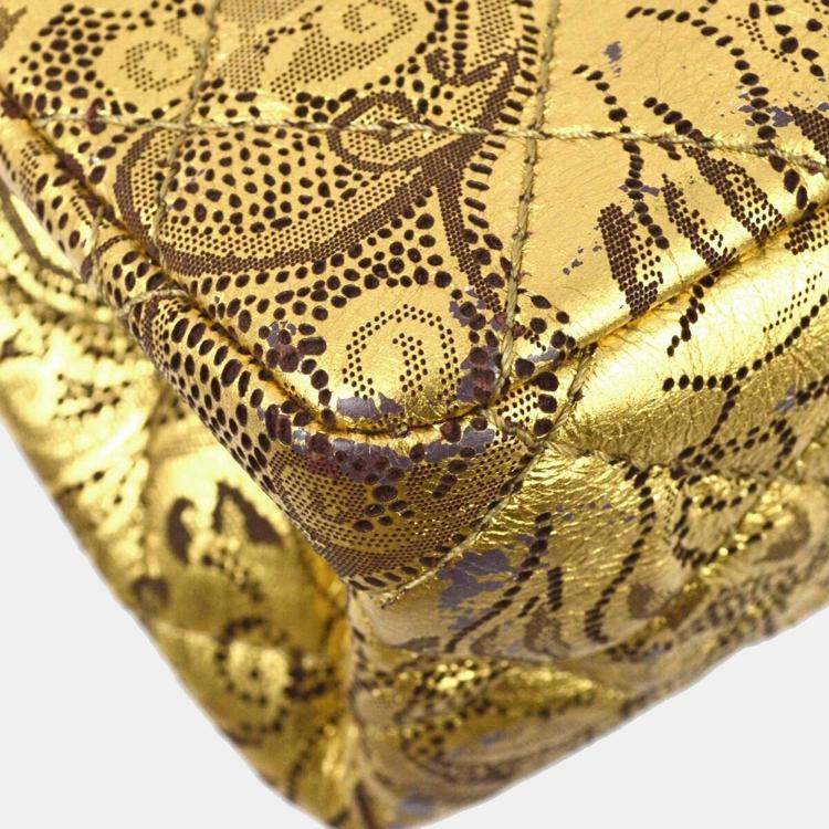 Pre Owned Chanel Gold Lambskin Paris-Moscow Classic Double Flap Shoulder Bag