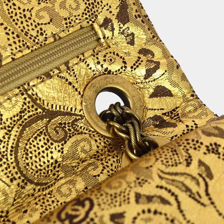 Pre Owned Chanel Gold Lambskin Paris-Moscow Classic Double Flap Shoulder Bag