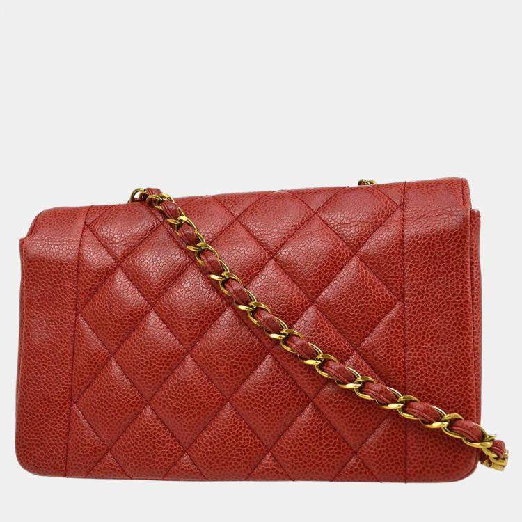 Pre Owned Chanel Red Calfskin Small Diana Single Chain Shoulder Bag