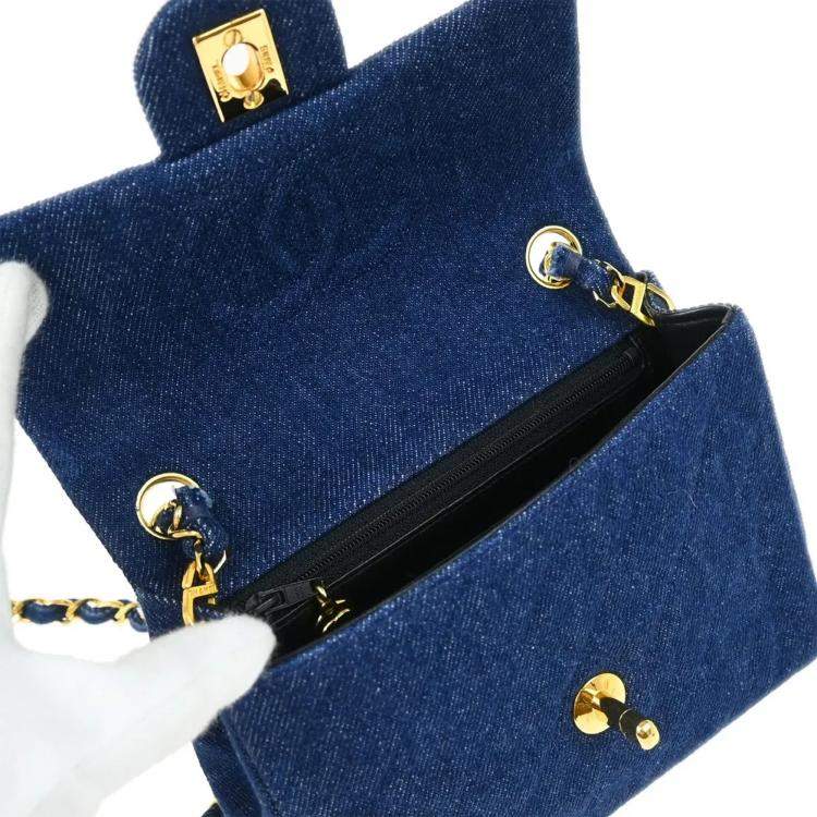 Pre Owned Chanel Blue Denim Mini Classic Square Flap Shoulder Bag