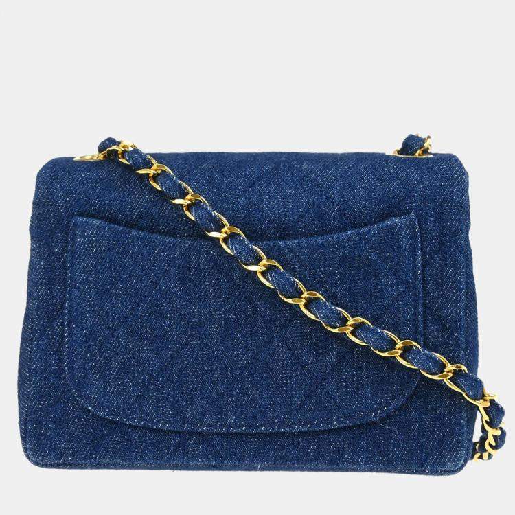Pre Owned Chanel Blue Denim Mini Classic Square Flap Shoulder Bag