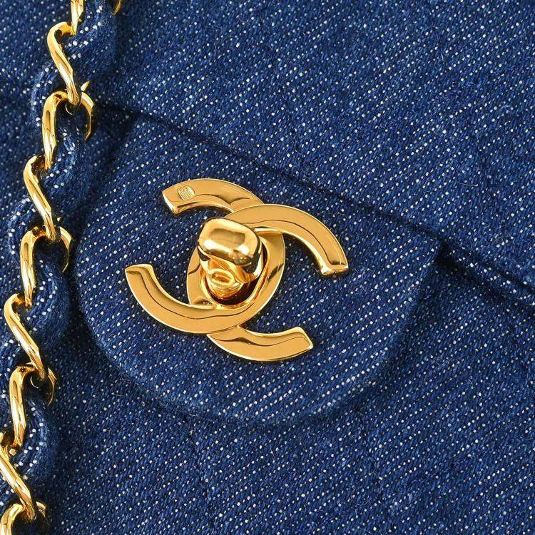 Pre Owned Chanel Blue Denim Mini Classic Square Flap Shoulder Bag