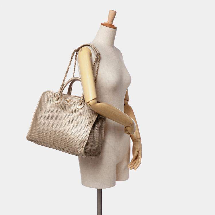 Pre Owned Chanel Gold Perforated Metallic Calfskin Up In The Air Tote