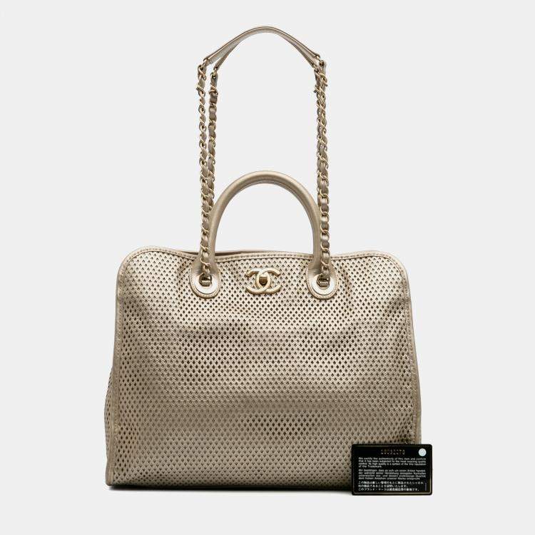 Pre Owned Chanel Gold Perforated Metallic Calfskin Up In The Air Tote