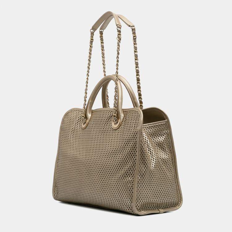 Pre Owned Chanel Gold Perforated Metallic Calfskin Up In The Air Tote