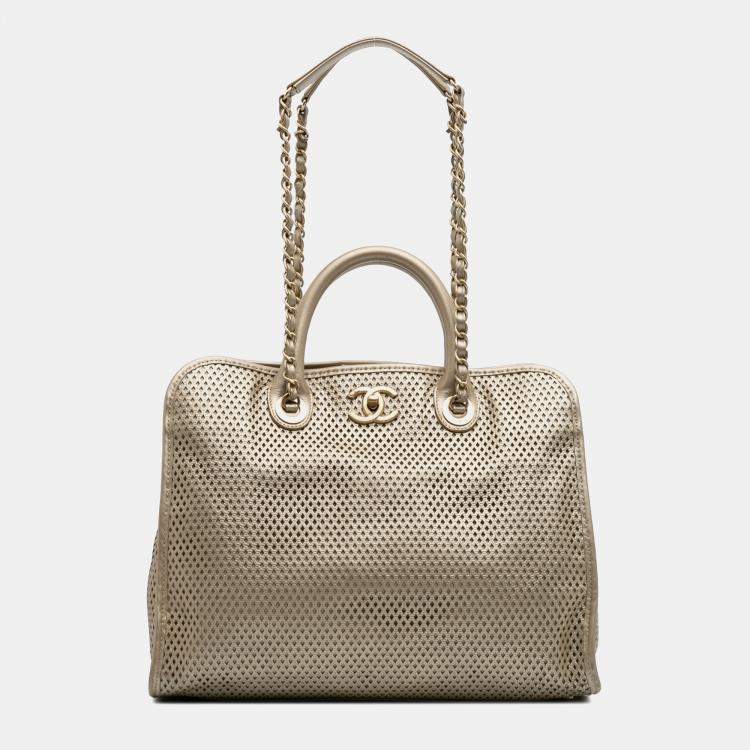 Pre Owned Chanel Gold Perforated Metallic Calfskin Up In The Air Tote